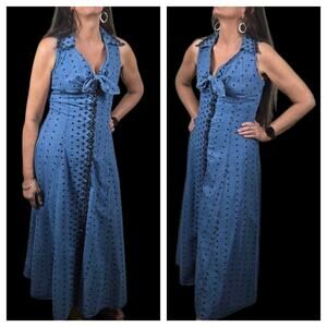VTG 90s Gantos Denim Midi Maxi Jean Dress Blue Cotton Embroidered Snap Front USA